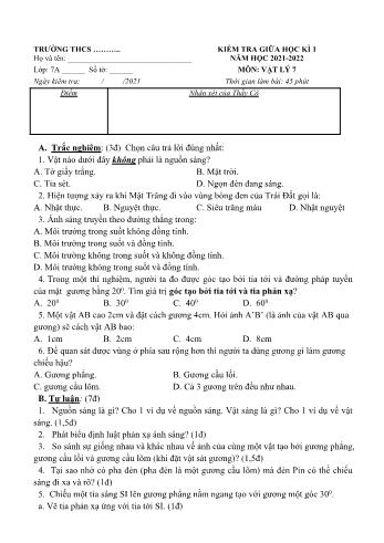 Kiểm tra giữa học kì 1 Vật lí Lớp 7 - Năm học 2021-2022 (Có đáp án)