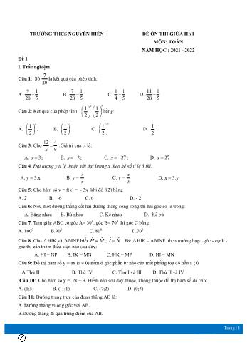 4 Đề ôn thi giữa học kì 1 Toán Lớp 7 - Năm học 2021-2022 - Trường THCS Nguyễn Hiền (Có đáp án)