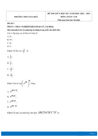5 Đề thi giữa học kì 1 Toán Lớp 7 Sách Cánh diều - Năm học 2022-2023 - Trường THCS Gia Hòa (Có đáp án)