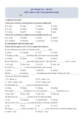 5 Đề thi học kì 1 Tiếng Anh Lớp 7 English discovery (Có hướng dẫn giải)