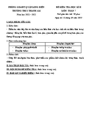 Đề kiểm tra học kì 2 Toán Lớp 7 - Năm học 2021-2022 - Trường THCS Thanh Am (Có ma trận và hướng dẫn chấm)