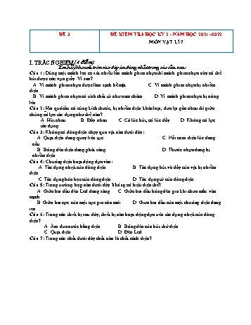 Đề kiểm tra học kì 2 Vật lí Lớp 7 - Đề 3 - Năm học 2021-2022 (Có đáp án)