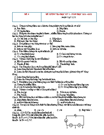 Đề kiểm tra học kì 2 Vật lí Lớp 7 - Đề 4 - Năm học 2021-2022 (Có đáp án)