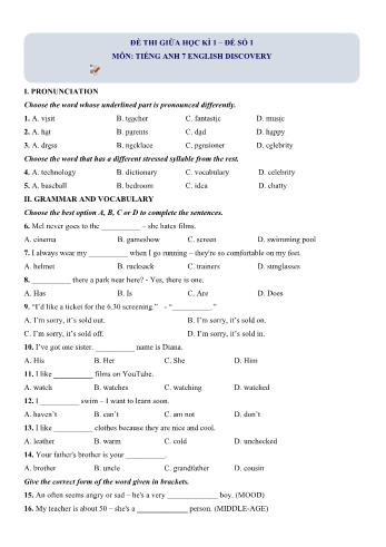 Đề thi giữa học kì 1 Tiếng Anh Lớp 7 English discovery - Đề số 1 (Có hướng dẫn giải)