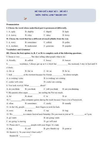Đề thi giữa học kì 1 Tiếng Anh Lớp 7 Right on - Đề số 1 (Có hướng dẫn giải)
