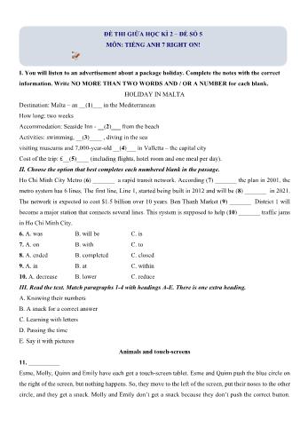 Đề thi giữa học kì 2 Tiếng Anh Lớp 7 Right on - Đề số 5 (Có hướng dẫn giải)