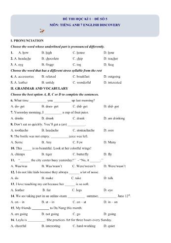 Đề thi học kì 1 Tiếng Anh Lớp 7 English discovery - Đề số 5 (Có hướng dẫn giải)