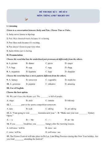 Đề thi học kì 1 Tiếng Anh Lớp 7 Right on - Đề số 4 (Có hướng dẫn giải)