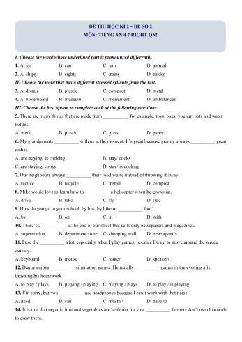 Đề thi học kì 2 Tiếng Anh Lớp 7 Right on - Đề số 2 (Có hướng dẫn giải)