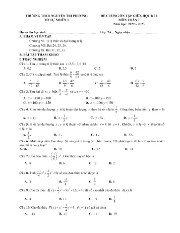 Đề cương ôn tập giữa học kì 2 môn Toán Lớp 7 - Năm học 2022-2023 - Trường THCS Nguyễn Tri Phương