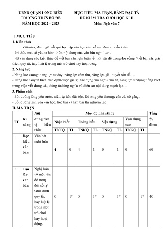Đề kiểm tra cuối học kì II môn Ngữ văn Lớp 7 - Năm học 2022-2023 - Nguyễn Hồng Vân (Có đáp án)