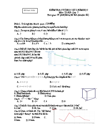 Đề kiểm tra cuối học kỳ I môn Toán Lớp 7 - Năm học 2022-2023 (Kèm hướng dẫn chấm)