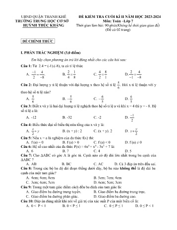 Đề kiểm tra cuối kì II môn Toán Lớp 7 - Năm học 2023-2024 - Trường THCS Huỳnh Thúc Kháng (Có đáp án)
