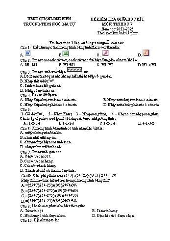 Đề kiểm tra giữa học kì I môn Tin học Lớp 7 - Năm học 2021-2022 - Trường THCS Ngô Gia Tự - Đề 4 (Có đáp án)