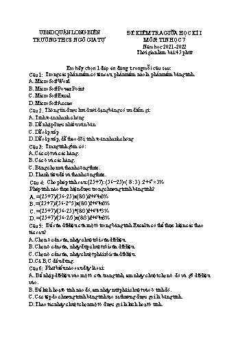 Đề kiểm tra giữa học kì I môn Tin học Lớp 7 - Năm học 2021-2022 - Trường THCS Ngô Gia Tự - Đề 3 (Có đáp án)