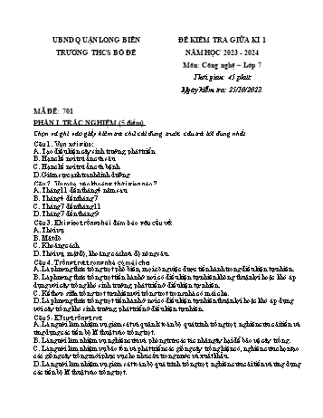 Đề kiểm tra giữa kì 1 môn Công nghệ Lớp 7 - Năm học 2023-2024 - Nguyễn Thị Thanh Thúy (Có đáp án)