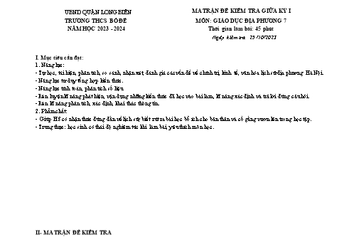 Đề kiểm tra giữa kỳ I môn Giáo dục địa phương Lớp 7 - Năm học 2023-2024 - Trần Hương Nhi (Có đáp án)