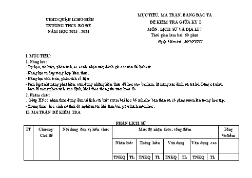 Đề kiểm tra giữa kỳ I môn Lịch sử và Địa lí Lớp 7 - Năm học 2023-2024 - Nguyễn Thị Vân (Có đáp án)