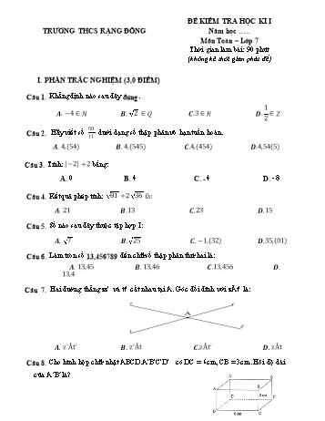 Đề kiểm tra học kì I môn Toán Lớp 7 - Năm học 2022-2023 - Trường THCS Rạng Đông (Có đáp án)