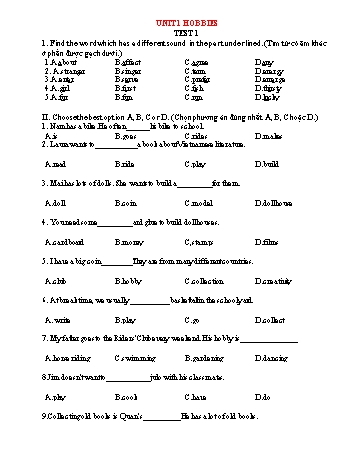 Đề kiểm tra môn Tiếng Anh Lớp 7 (Global Success) - Unit 1 Hobbies (Có đáp án)