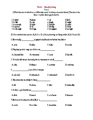 Đề kiểm tra môn Tiếng Anh Lớp 7 (Global Success) - Unit 2 Healthy living (Có đáp án)