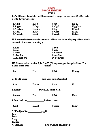 Đề kiểm tra môn Tiếng Anh Lớp 7 (Global Success) - Unit 5 Food and drink (Có đáp án)