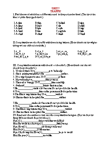 Đề kiểm tra môn Tiếng Anh Lớp 7 (Global Success) - Unit 7 Traffic (Có đáp án)