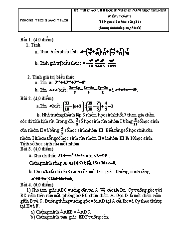 Đề thi giao lưu học sinh môn Toán 7 - Năm học 2023-2024 - Trường THCS Quảng Thạch (Có đáp án)