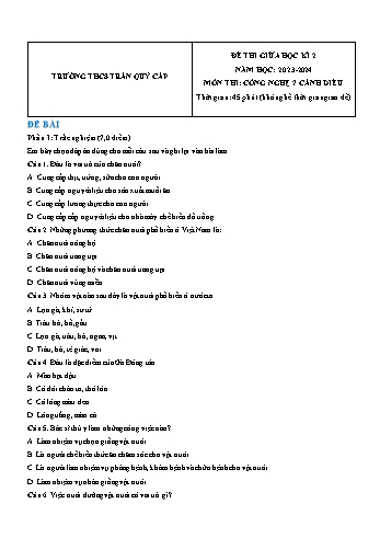 Đề thi giữa học kì 2 môn Công nghệ Lớp 7 (Cánh diều) - Năm học 2023-2024 - Trường THCS Trần Quý Cáp (Có đáp án)
