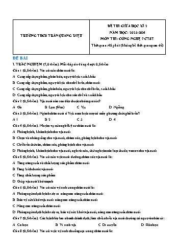 Đề thi giữa học kì 2 môn Công nghệ Lớp 7 (Chân trời sáng tạo) - Năm học 2023-2024 - Trường THCS Trần Quang Diệu (Có đáp án)
