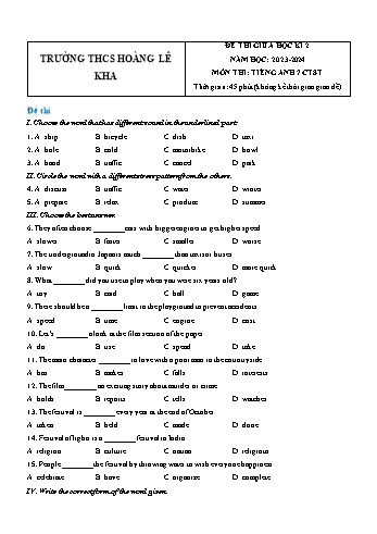 Đề thi giữa học kì 2 môn Tiếng Anh Lớp 7 (Cánh diều) - Năm học 2023-2024 - Trường THCS Hoàng Lê Kha (Có đáp án)