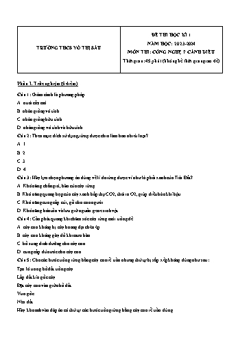 Đề thi học kì 1 môn Công nghệ Lớp 7 (Cánh diều) - Năm học 2023-2024 - Trường THCS Võ Thị Sáu (Có đáp án)