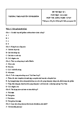 Đề thi học kì 1 môn Công nghệ Lớp 7 (Chân trời sáng tạo) - Năm học 2023-2024 - Trường THCS Nguyễn Bỉnh Khiêm (Có đáp án)