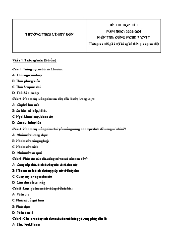Đề thi học kì 1 môn Công nghệ Lớp 7 (Kết nối tri thức và cuộc sống) - Năm học 2023-2024 - Trường THCS Lê Quý Đôn (Có đáp án)