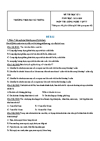 Đề thi học kì 2 môn Công nghệ Lớp 7 (Kết nối tri thức và cuộc sống) - Năm học 2023-2024 - Trường THCS Hai Bà Trưng (Có đáp án)