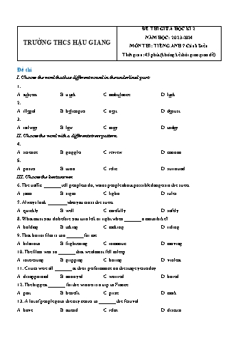 Đề thi học kì 2 môn Tiếng Anh Lớp 7 (Cánh diều) - Năm học 2023-2024 - Trường THCS Hậu Giang - Đề 2 (Có đáp án)