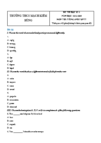 Đề thi học kì 2 môn Tiếng Anh Lớp 7 (Kết nối tri thức và cuộc sống) - Năm học 2023-2024 - Trường THCS Mạch Kiếm Hùng (Có đáp án)