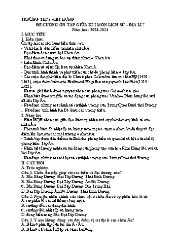 Đề cương ôn tập giữa kì I môn Lịch sử và Địa lí Lớp 7 - Năm học 2023-2024 - Nguyễn Thị Thanh Vân