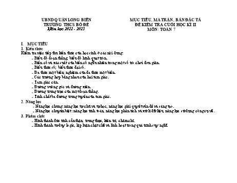 Đề kiểm tra cuối học kì II môn Toán Lớp 7 - Năm học 2022-2023 - Nguyễn Thu Hương