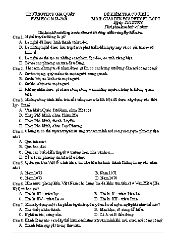 Đề kiểm tra cuối kì I môn Giáo dục địa phương Lớp 7 - Năm học 2023-2024 - Trường THCS Gia Quất