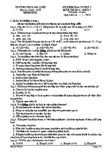 Đề kiểm tra cuối kỳ I môn Tin học Lớp 7 (Kết nối tri thức và cuộc sống) - Năm học 2023-2024 - Trường THCS Gia Quất
