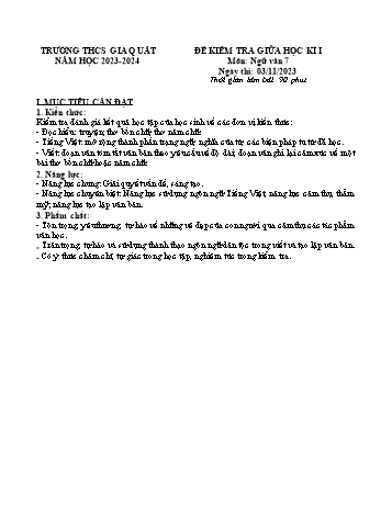 Đề kiểm tra giữa học kì I môn Ngữ văn Lớp 7 - Năm học 2023-2024 - Nguyễn Thị Tiệp (Có đáp án)