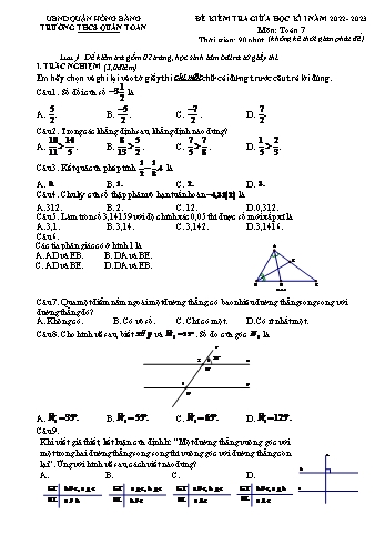 Đề kiểm tra giữa học kì I môn Toán Lớp 7 - Năm học 2022-2023 - Lê Thị Duyên (Có đáp án)