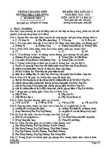 Đề kiểm tra giữa kỳ I môn Lịch sử và Địa lí Lớp 7 - Năm học 2023-2024 - Trường THCS Việt Hưng - Mã đề 102