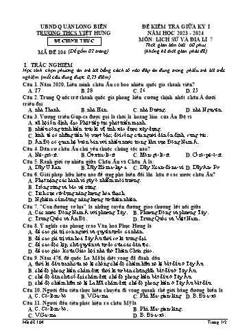 Đề kiểm tra giữa kỳ I môn Lịch sử và Địa lí Lớp 7 - Năm học 2023-2024 - Trường THCS Việt Hưng - Mã đề 104