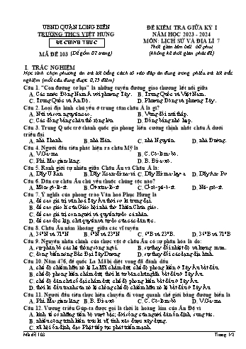 Đề kiểm tra giữa kỳ I môn Lịch sử và Địa lí Lớp 7 - Năm học 2023-2024 - Trường THCS Việt Hưng - Mã đề 103