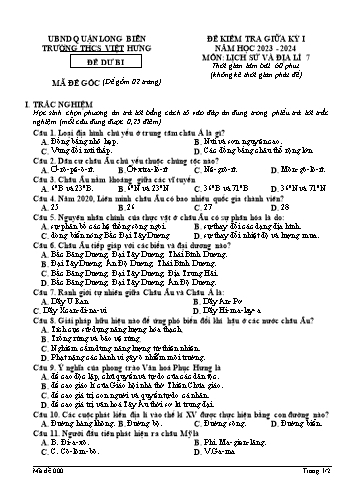 Đề kiểm tra giữa kỳ I môn Lịch sử và Địa lí Lớp 7 - Năm học 2023-2024 - Trường THCS Việt Hưng