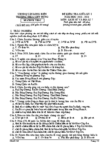 Đề kiểm tra giữa kỳ I môn Lịch sử và Địa lí Lớp 7 - Năm học 2023-2024 - Trường THCS Việt Hưng - Mã đề 101