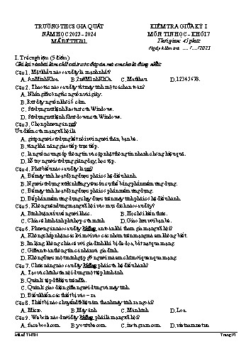 Đề kiểm tra giữa kỳ I môn Tin học Lớp 7 (Kết nối tri thức và cuộc sống) - Năm học 2023-2024 - Trường THCS Gia Quất