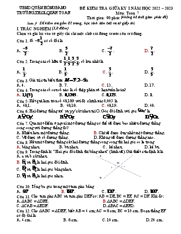 Đề kiểm tra giữa kỳ I môn Toán Lớp 7 - Năm học 2022-2023 - Bùi Thị Hằng (Có đáp án)